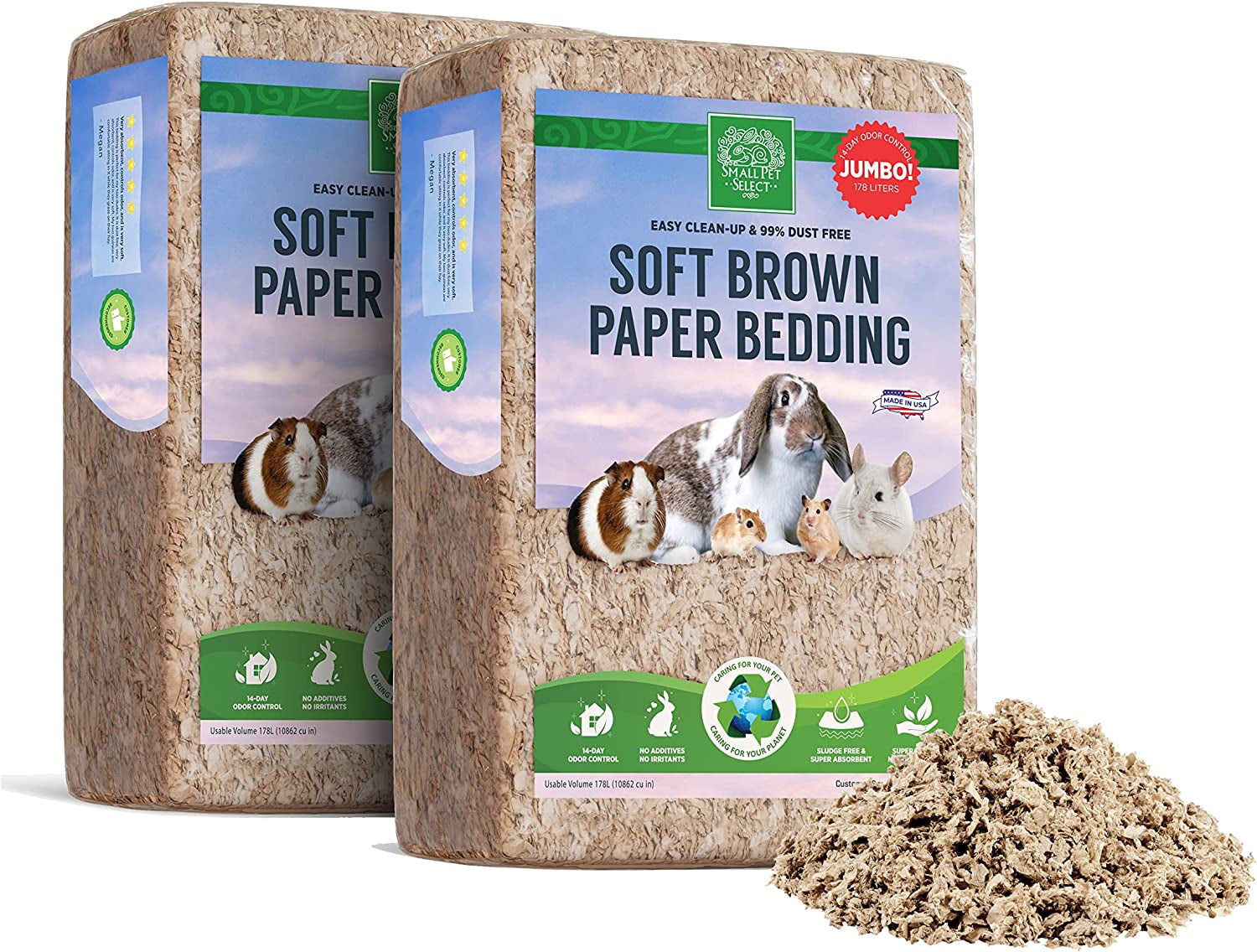 Brown Natural Paper Bedding, Soft Animal Bedding with Odor Control for Guinea Pig, Rabbit, Hamster, or Bunny, Cage Accessories, Made in the USA, 178L (2 Pack)