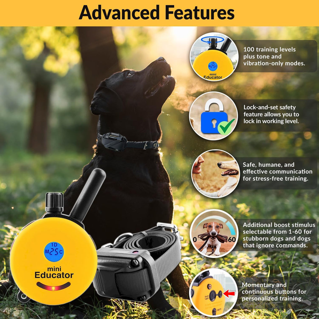 Mini  E-Collar ET-300 1/2 Mile Waterproof Remote Dog Training Collar Includes Premium Finger Clicker Trainer, 100 Programmable Levels + Vibration + Light + Sound, Yellow
