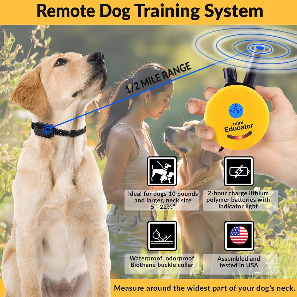 Mini  E-Collar ET-300 1/2 Mile Waterproof Remote Dog Training Collar Includes Premium Finger Clicker Trainer, 100 Programmable Levels + Vibration + Light + Sound, Yellow