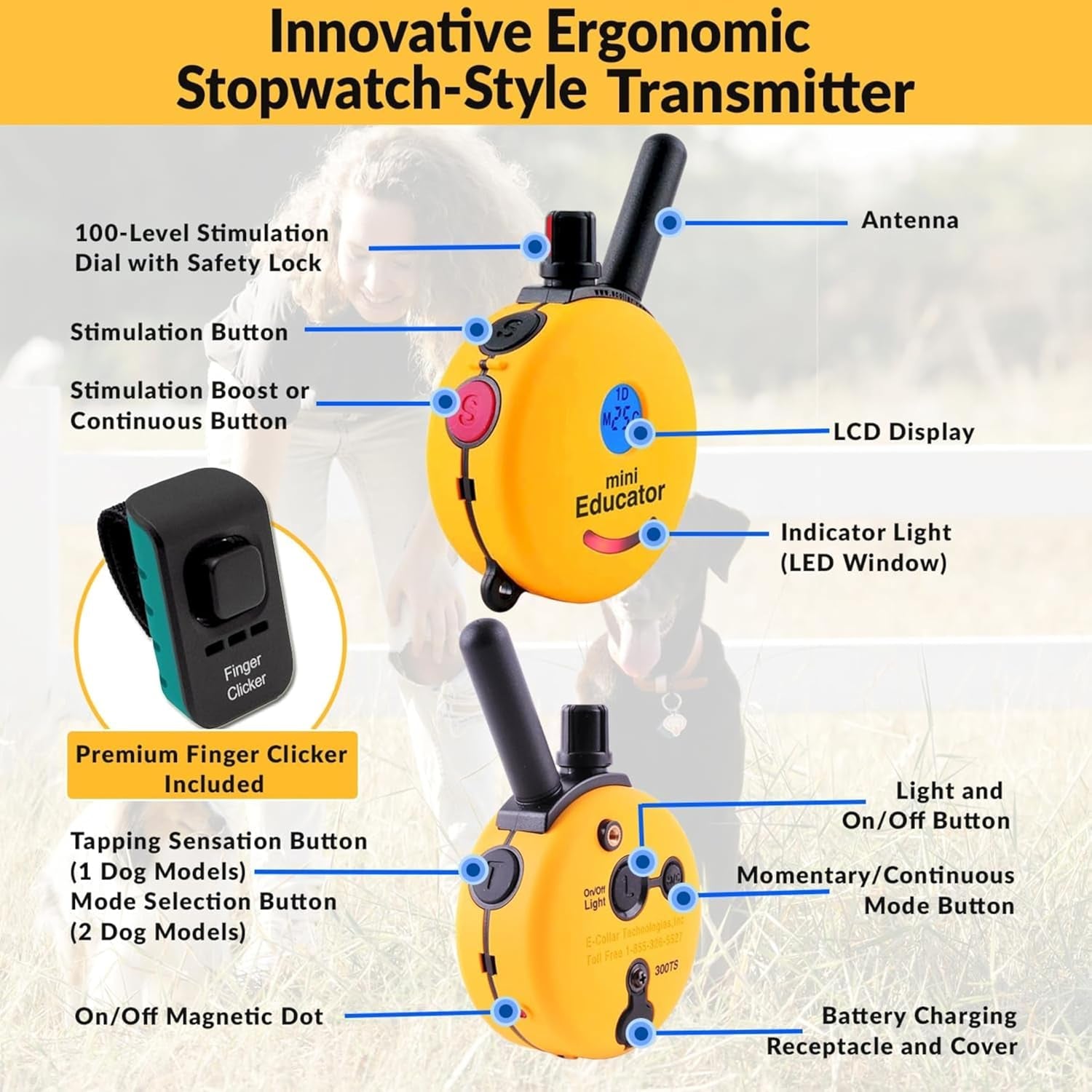 Mini  E-Collar ET-300 1/2 Mile Waterproof Remote Dog Training Collar Includes Premium Finger Clicker Trainer, 100 Programmable Levels + Vibration + Light + Sound, Yellow